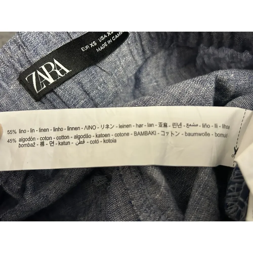 Zara Womens XS‎  Linen crop elastic waist pants Blue Chambray Pull On